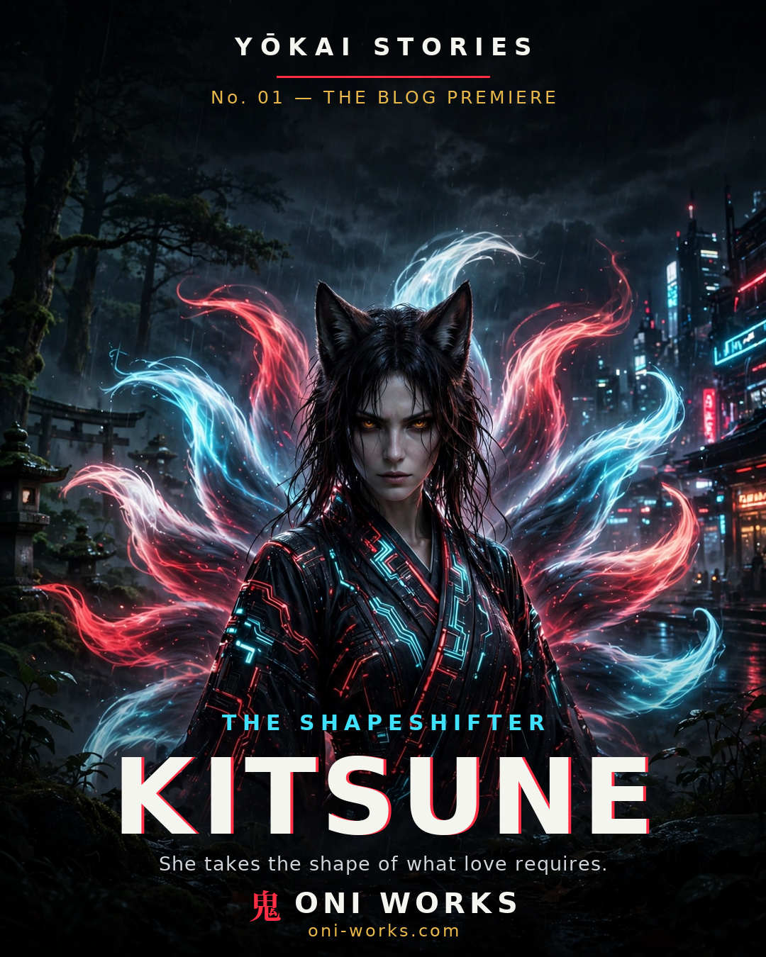 Kitsune, The Shapeshifter — dark cyberpunk cover